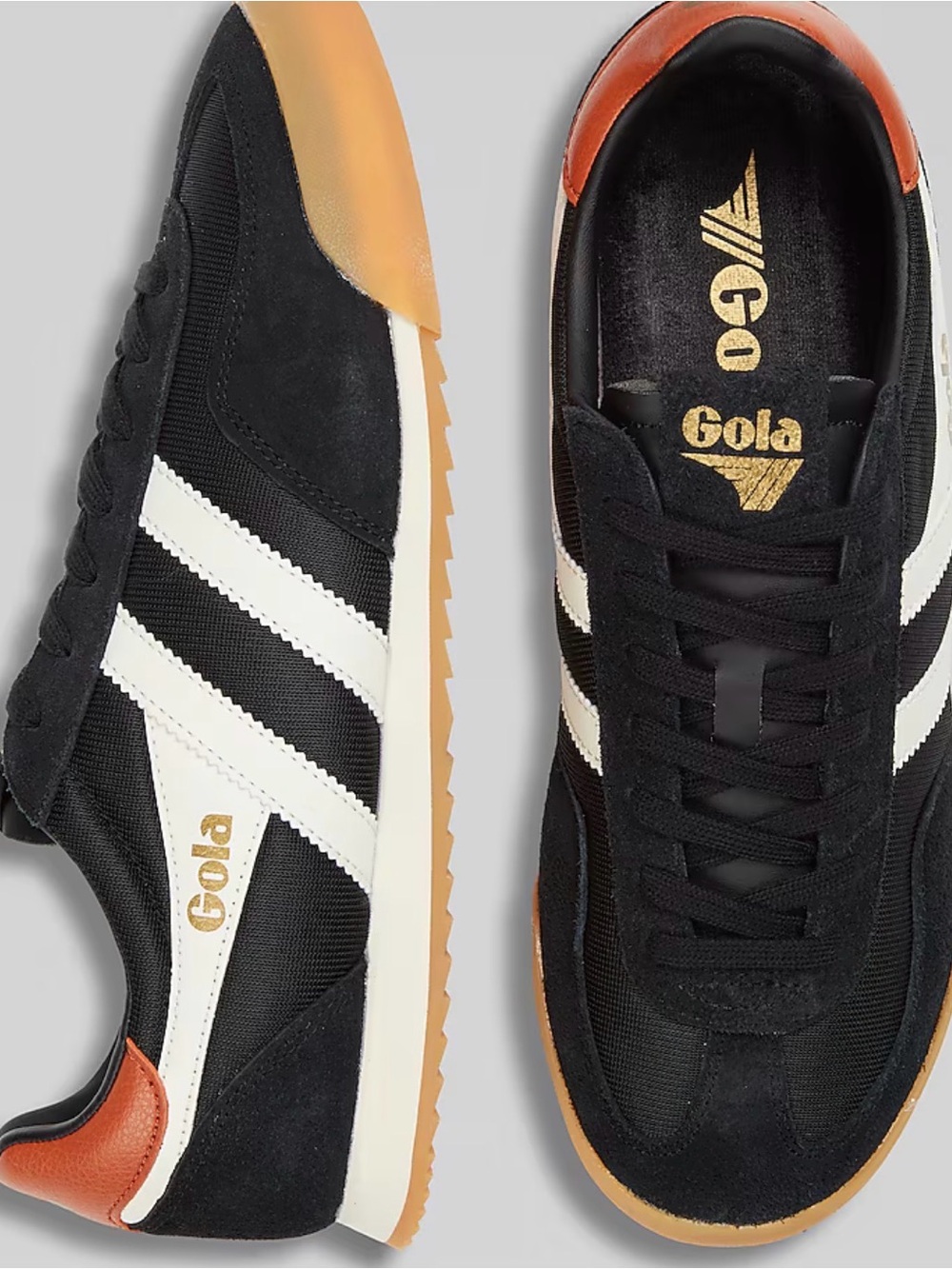 Gola Black & White Retro Trainer with Gum Sole and Gold Accents